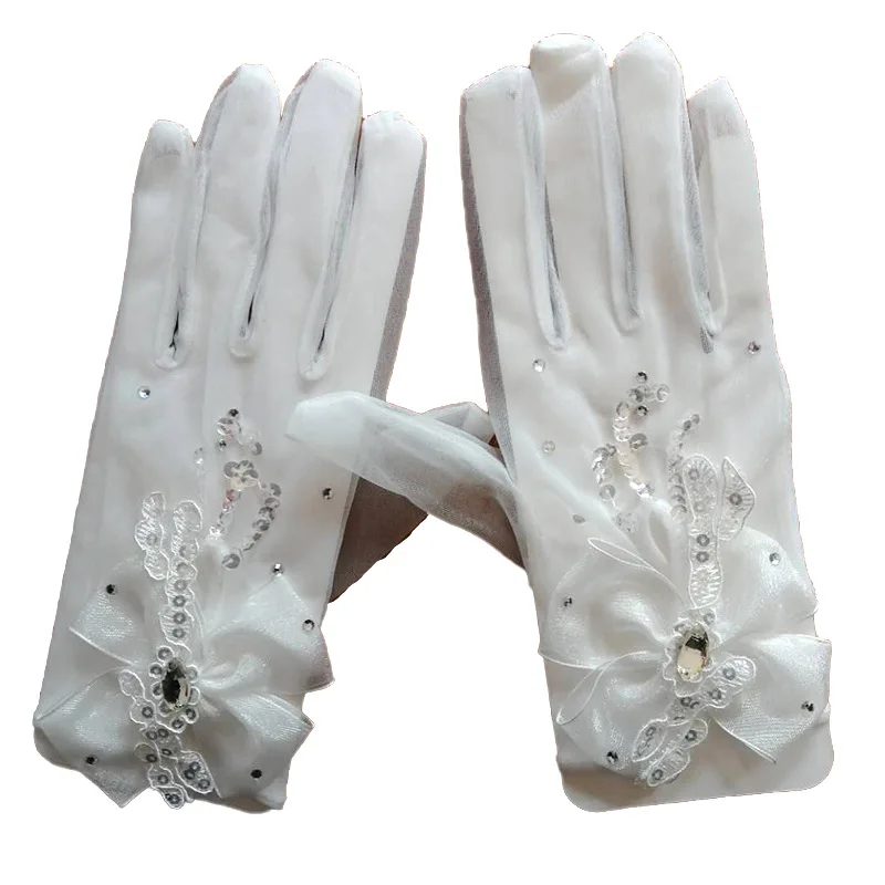 Guantes de encaje cortos con lazo de diamantes de imitación para novia, guantes de Boda sin dedos para novia