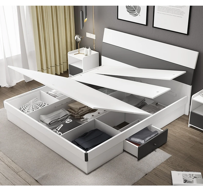 Guangzhou moderne Super King blanc lit en bois chambre Queen lit cadre couette ensemble grand lit simple lattes cadre avec rangement