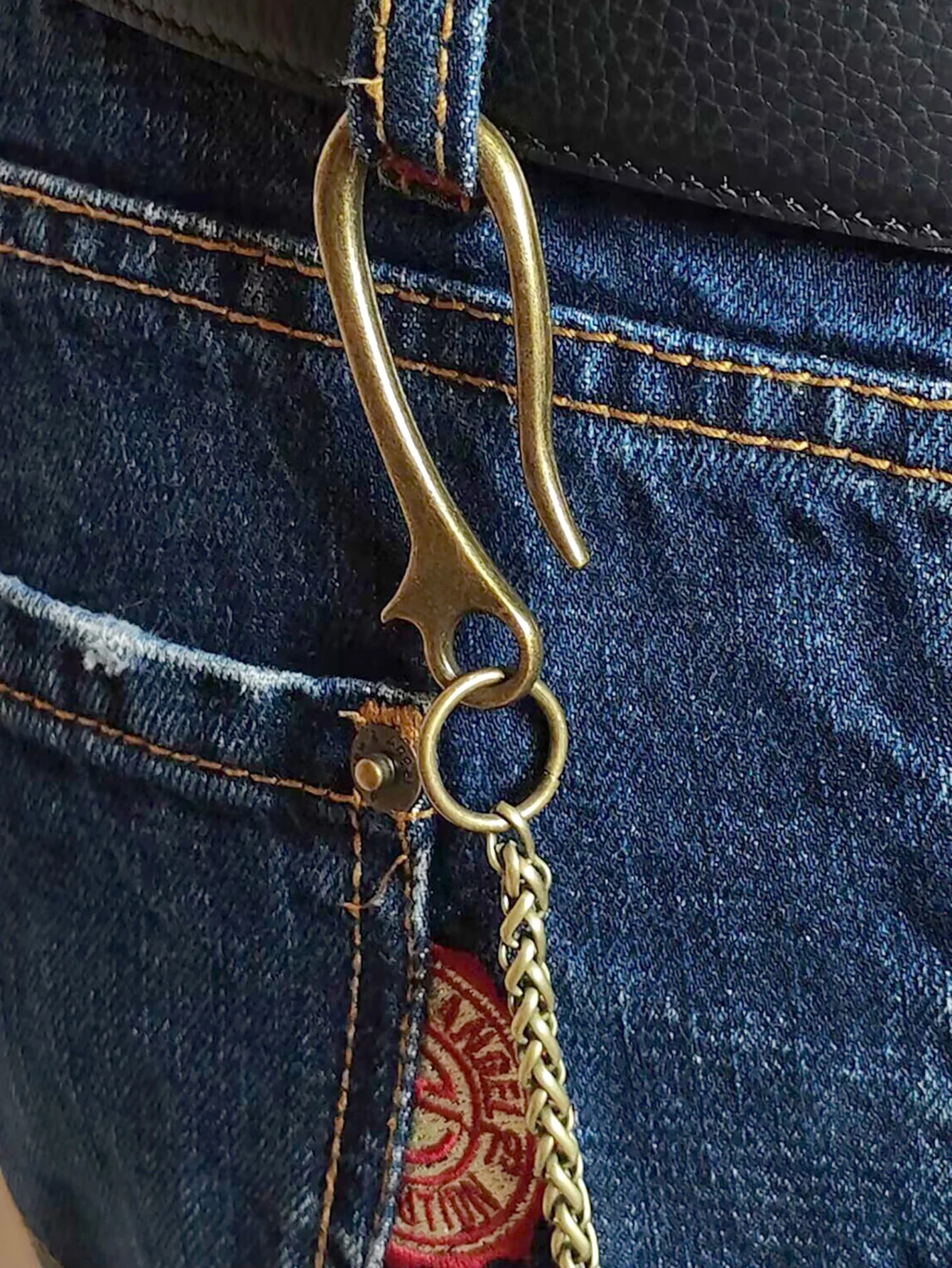 Unique 22ins pants trucker biker  jean 5 mm snake chains  Indian Feather pendant U hook clasp keychain bronze Gothic