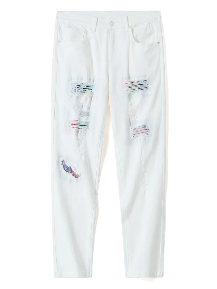 

White Ripped Jeans Men's Hip-hop Fashion Splicing Y2k Pants Motorcycle Slim Fit Elastic Comfortable Male Youth Denim Trousers