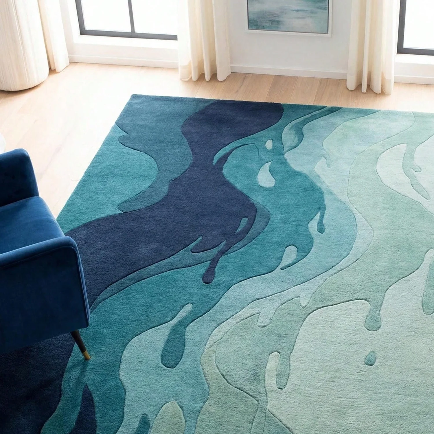 Abstract Blue Carpet Modern Coastal Style Living Room Carpet Soft Velvet Blue Green Wave Pattern Carpet Home Decoration