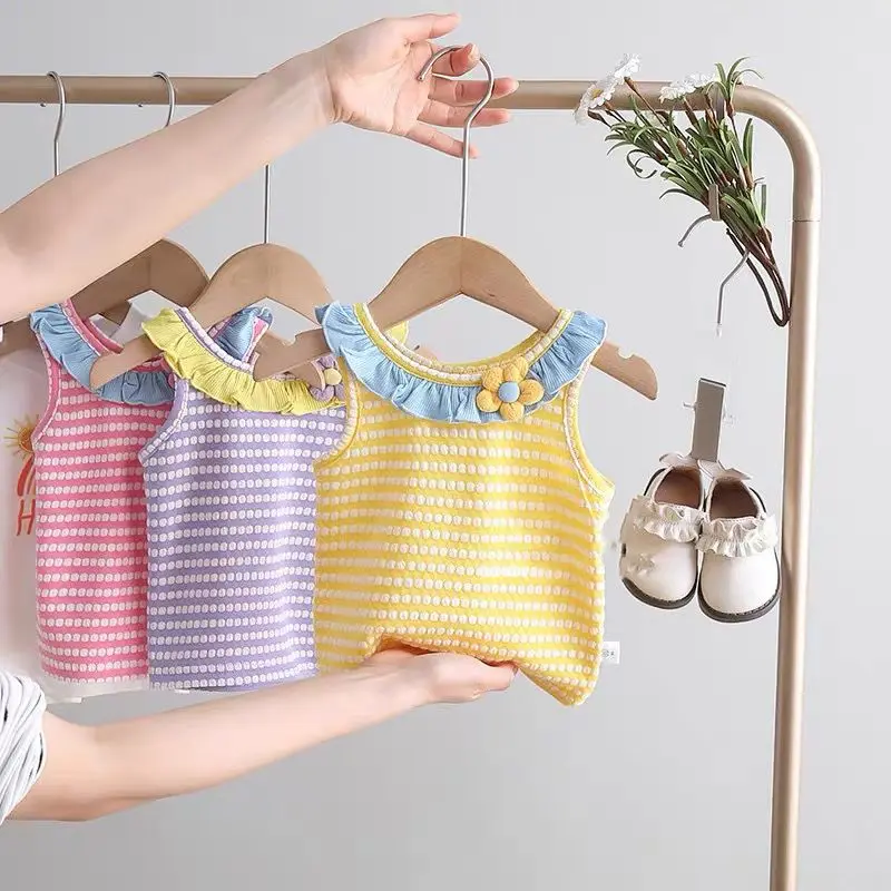 Toddler Girls Summer Striped Sleeveless Top Scallop Doll Collar Floral Print Cotton Lightweight Chic Baby Wear