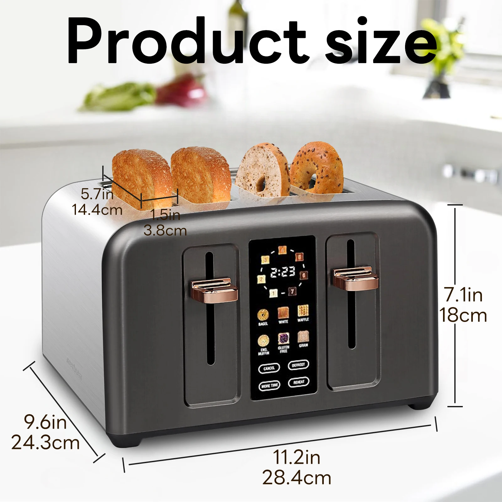 Toaster 4 Slice,1.5''Wide Slots,Stainless,LCD Display & Touch Buttons,7 Shade Setting,Basic & Peculiar Functions,1800w