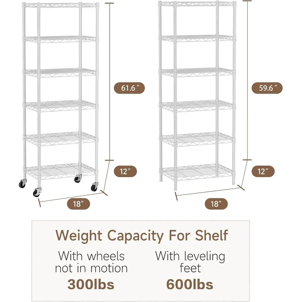 Rak Kawat Logam 6 Tingkat yang Dapat Disesuaikan dengan Roda, Putih, untuk Penyimpanan di Rumah di Dapur, Ruang Penyimpanan, Ruang Cuci, dan Kamar Mandi