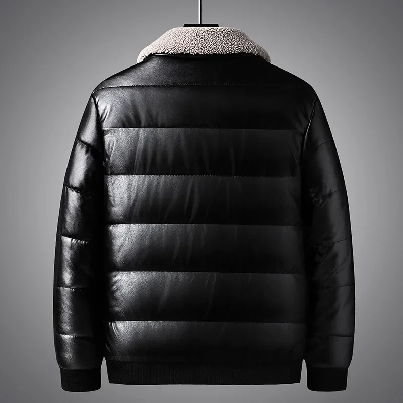 PU Parkas Men Winter Warm Padded Jackets Thick Lambswool Collar Jacket Coat Fashion Casual PU Jacket Outdoor Outerwear Male