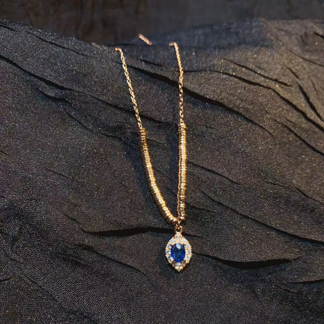 Classic Design Natural Sapphire Necklace S925 Pure Silver Fashion Jewelry Precious Gem Stylish Female Gift Jewelry