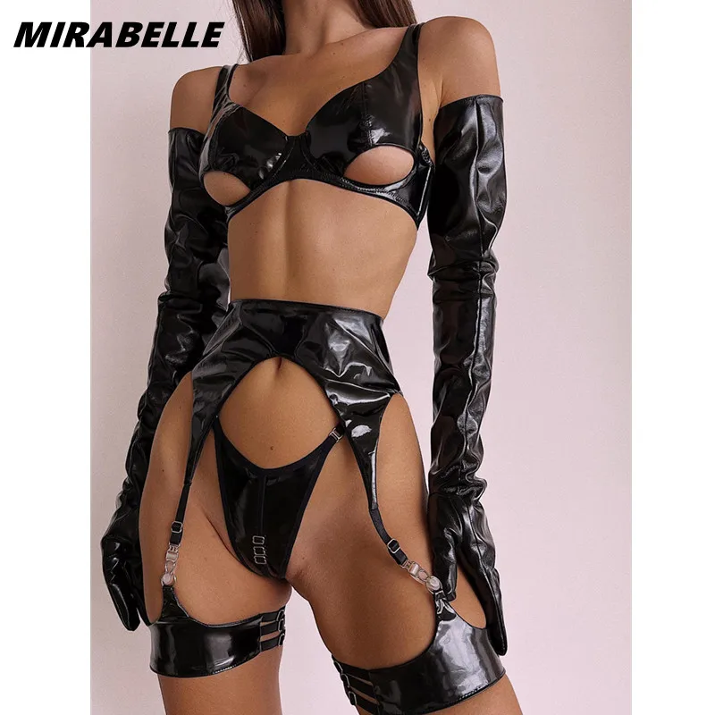 MIRABELLE Fetish Pvc Lingerie Sissy Cup Out Bra Leather PU Sensual Underwear Uncensored Latex Push Up Exotic Outfits With Garter