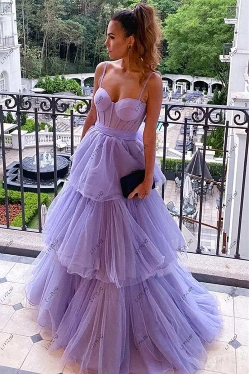 LIYYLHQ Lavender Ruffle Tiered Tulle Layers Long Prom Dresses A Line Elegnat Party Evening Gown Floor Length robes de soirée