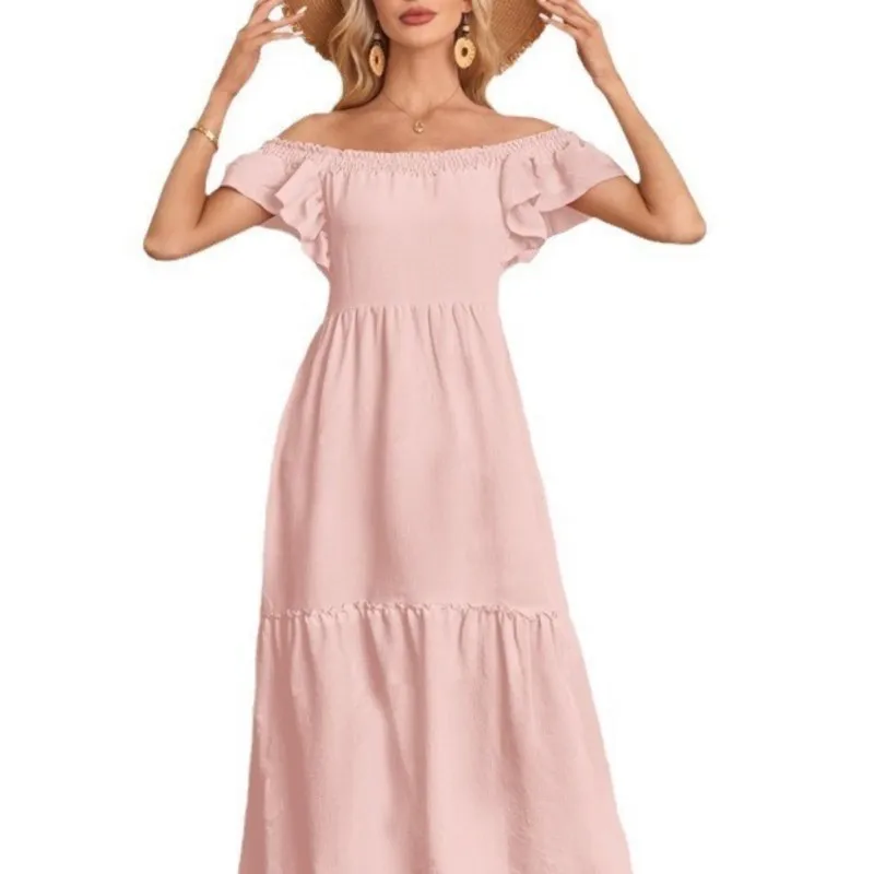 Feminino decote em u pétala mangas cor sólida cintura alta saia longa elegante em camadas plissado vestido evasê vestido casual