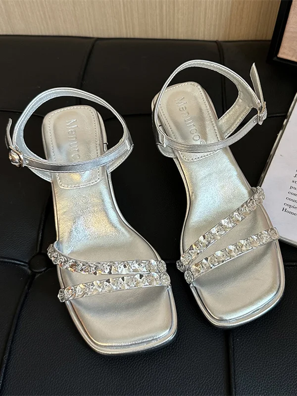 

Rhinestone Sandals Comfort Shoes for Women Buckle Strap Summer Heels Med Suit Female Beige Girls 2024 Pearl Medium Black Block H