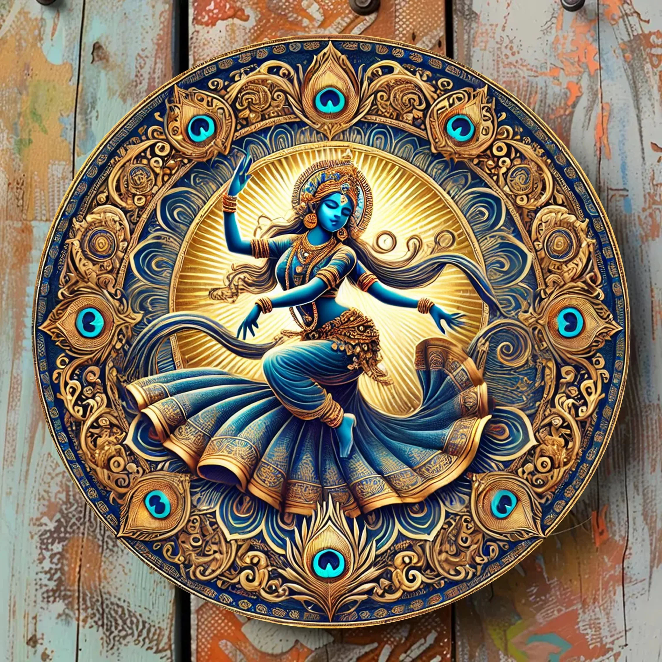 

Room Decor Dancing Indian Goddess Themed Round Aluminum Foil Carving Wall Art, Classic Design Decorative Hanging Metal Sign