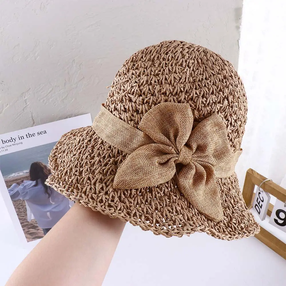 

Bow Bucket Hats Anti-UV Sun Hat Solid Color Outdoor Visor Caps Seaside Straw Hat Korean Style Cap Women Sun Hat Shading Hat