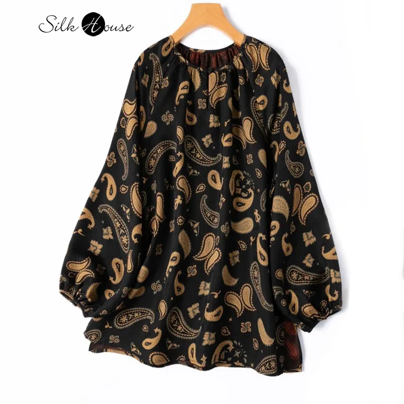 

Luxury 100% Natural Mulberry Silk Fragrant Cloud Yarn New Chinese Style Round Neck Shoulder Lantern Sleeve Women's Split T-shirt