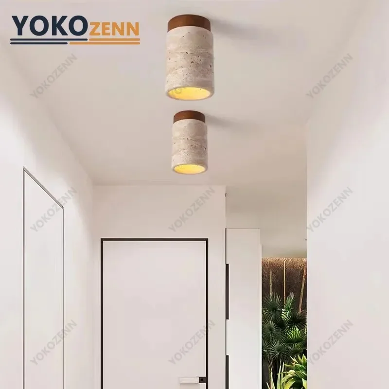 Japanese Style Travertine Stone E27 Ceiling Lamp, Natural Stone Ceiling Light for Balcony Cloakroom Aisle Entryway Hallway Decor