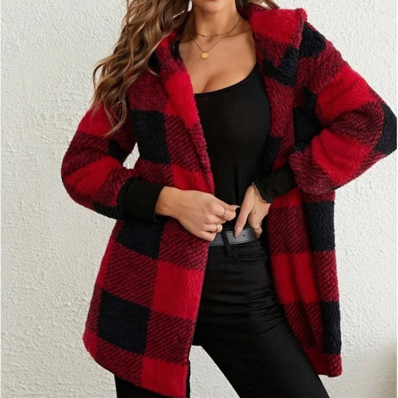NONE Frauen Herbst Winter Doppel Fleece Plaid Strickjacke Weiche Lose Lange Hülse Plüsch Warme Mit Kapuze Jacke Weibliche Patchwork Oberbekleidung Mantel 8