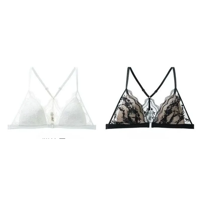 BANERDANNI New French Lace Triangle Bra Front Fastening Sexy Back Detail Wireless Anti Sag Small Bust 32-38 AB Cup Summer Bra