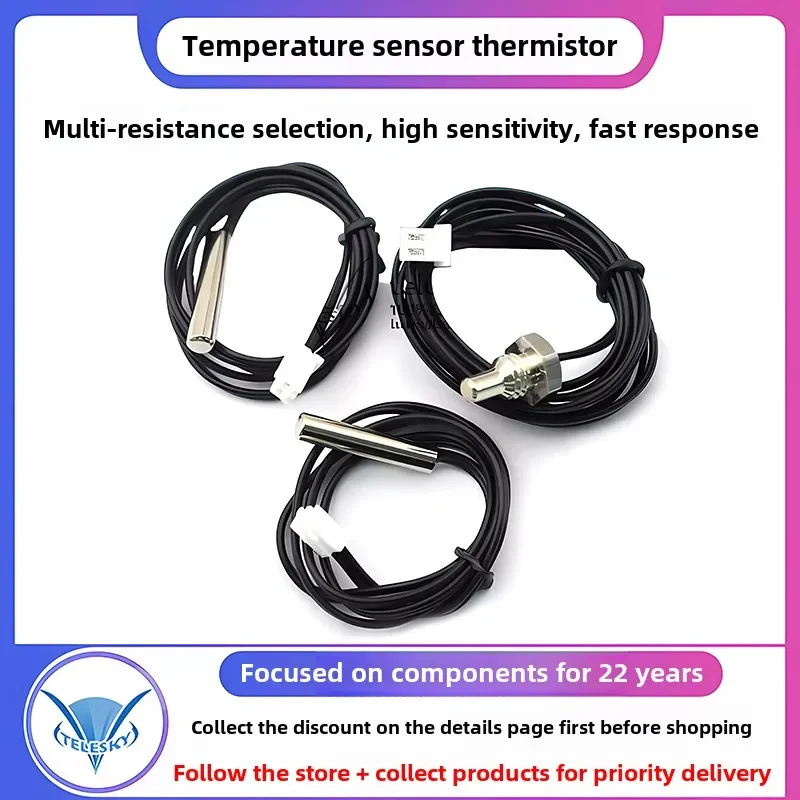 1Pcs NTC Thermistor Temperature Sensor B3950/B3470/B3435 1% 5K15K 20K 50/100K Waterproof Probe Air Conditioning Probe 0.5M 1M 2M