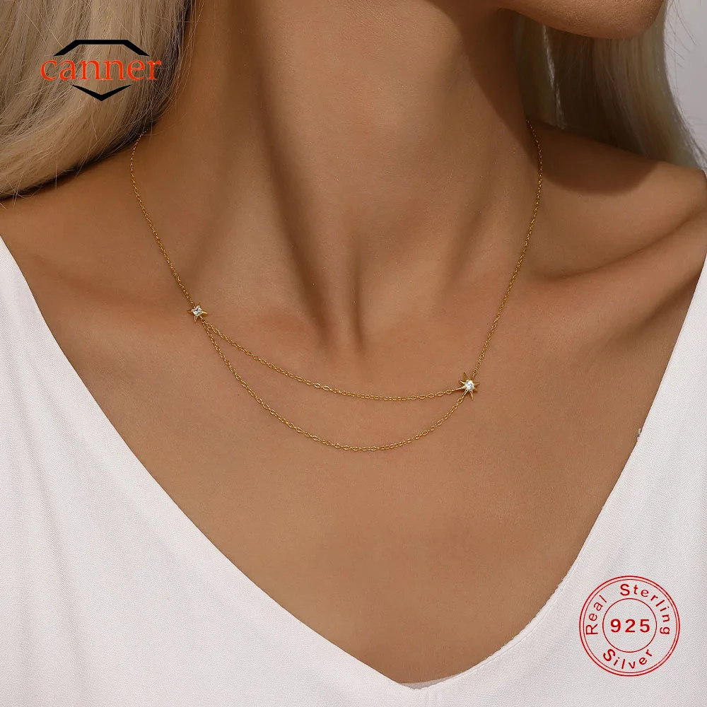 CANNER Octagonal Star Zircon 925 Sterling Silver Double Layered Clavicle Chain For Women Ins Simple Five Petal Flower Necklace