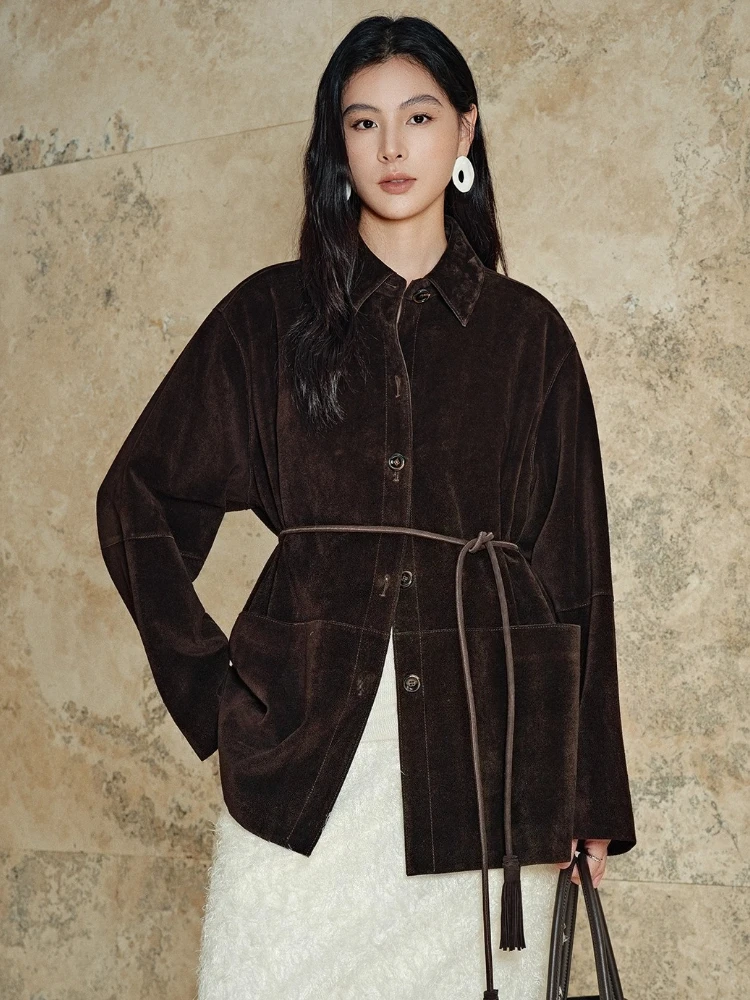 

Vintage Genuine Leather Suede Jackets Women Autumn Winter 2026 New High-end Simple Casual Elegant Lace-up Real Cow Leather Coat