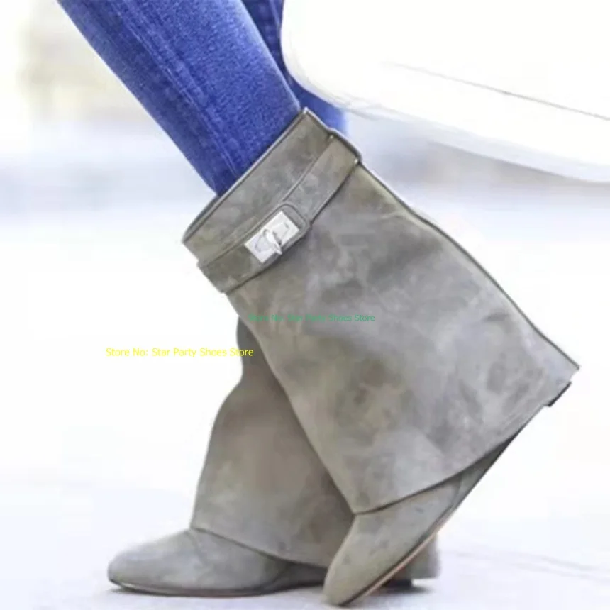 Fashion Woman Shark Lock Fold Wedge High Heel Spring Autumn Boots Round Toe Female Slip On Ankle Short Boots