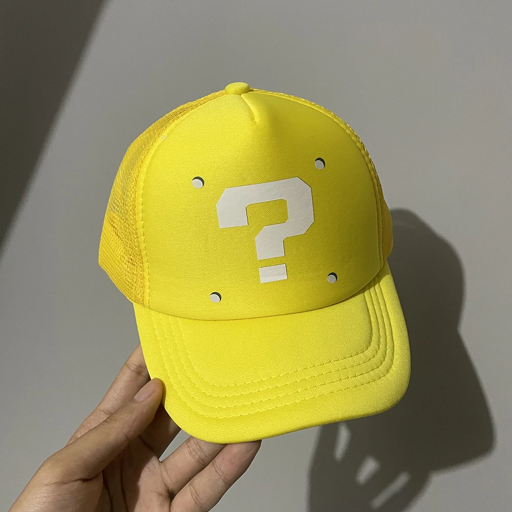 Super Mary Yellow Question Mark Baseball Caps For Men Women Summer Half Mesh Sponge Breathable cap Boys Girls Outdoor Sunshade