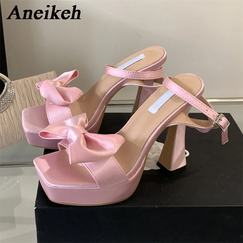 Aneikeh 2024 Silk Butterfly Buckle Lace Up Women\'s Sandals Fashion Sexy Square Toe High Heels Party Wedding 35-40