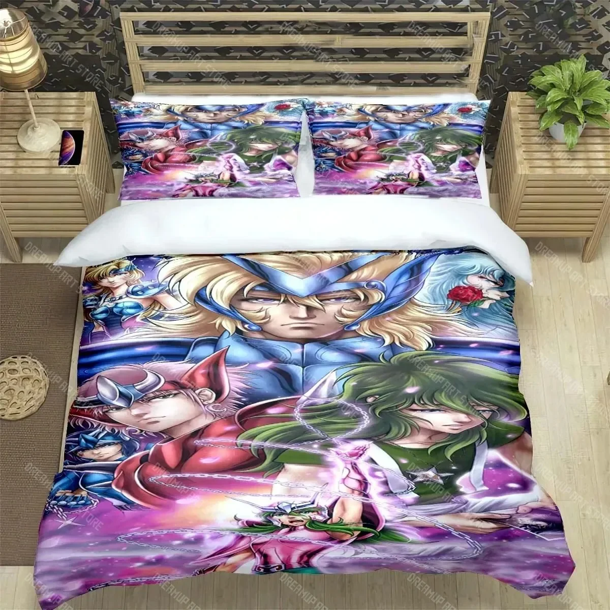 Saint Seiya 3D Bedding Set Black Duvet Quilt Cover Set Comforter Cover Pillowcase King Queen Size Polyester Quilt Cover