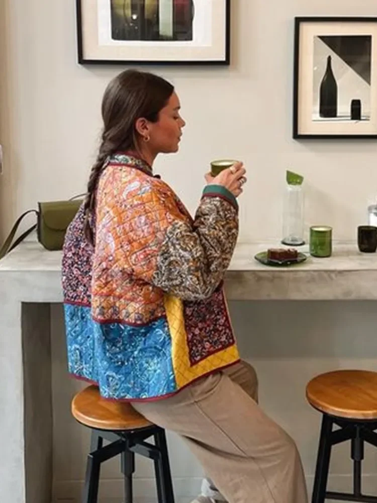 Jaquetas de algodão estampadas patchwork para mulheres, gola com bolsos, casacos chiques, casacos femininos engrossados, tops de outono