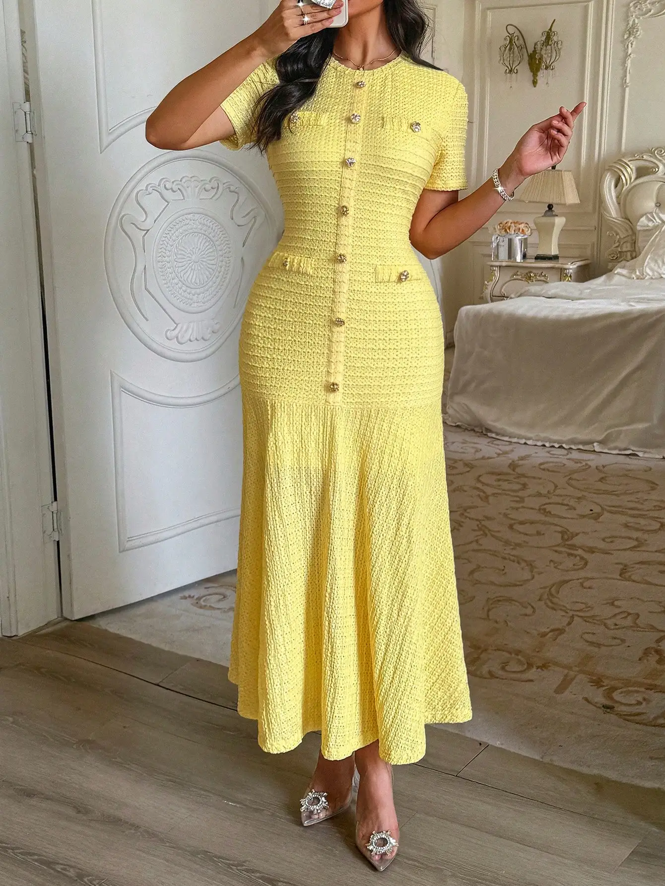 

Yellow Textured Knit Midi Dress with Button Front and Faux Pockets