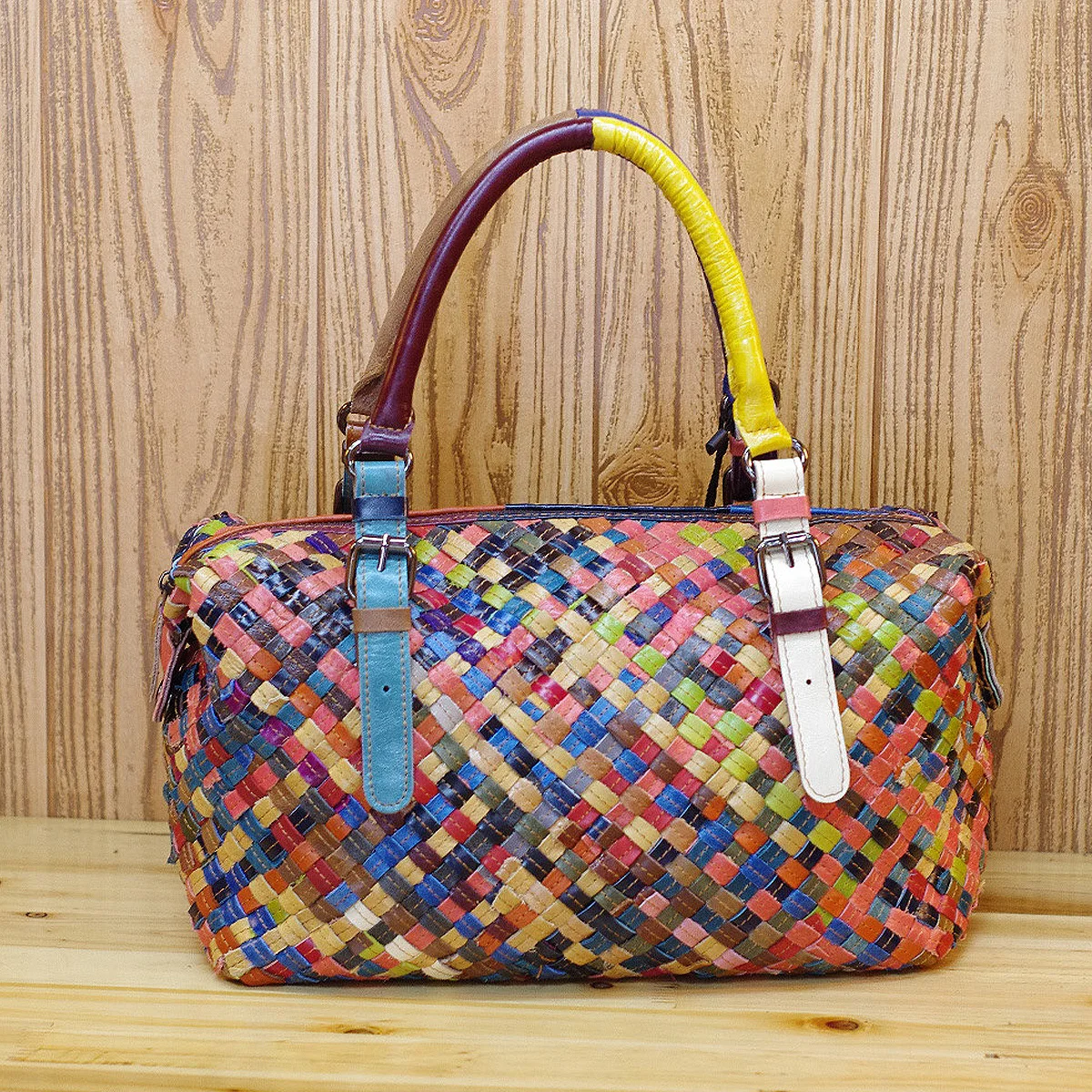 Women's Vintage Handmade Colorful Woven Bag Genuine Leather Fashion Casual Cowhide Striped Contrast Color Handbag Lady Bag