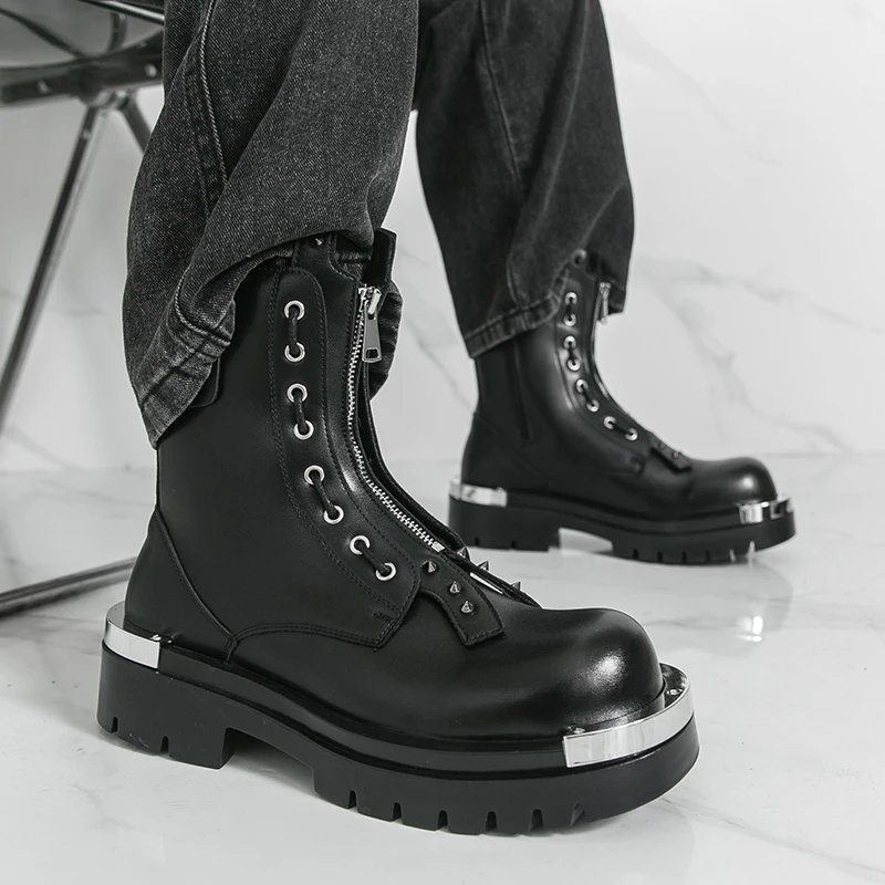 Men High Top Boots PU Thick Soled Bare Boots with Rivet Decoration Trendy Classic Men Boots image 3