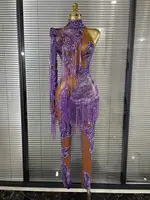 Shining Rhinestones Purple Sexy Tassels Mesh See Through Bodycon Jumpsuit Celebrate Nightclub Party Birthday Photoshoot Wear