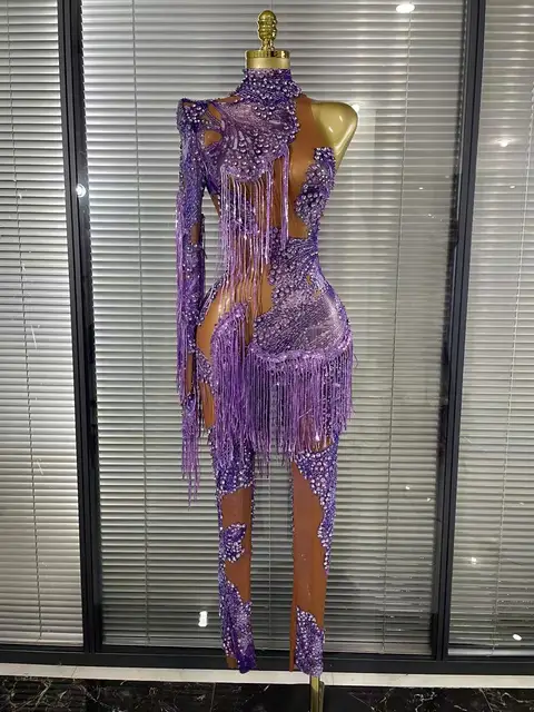 Shining Rhinestones Purple Sexy Tassels Mesh See Through Bodycon Jumpsuit Celebrate Nightclub Party Birthday Photoshoot Wear