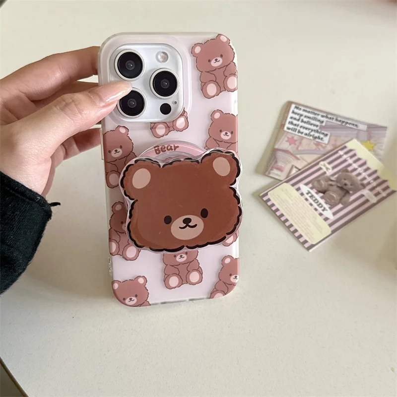 

Korea Cute Cartoon Brown Bear Magsafe Wireless Charge Phone Case For iPhone 13 14 15 16 Pro Max 3D Bear Magnetic Holder Cover