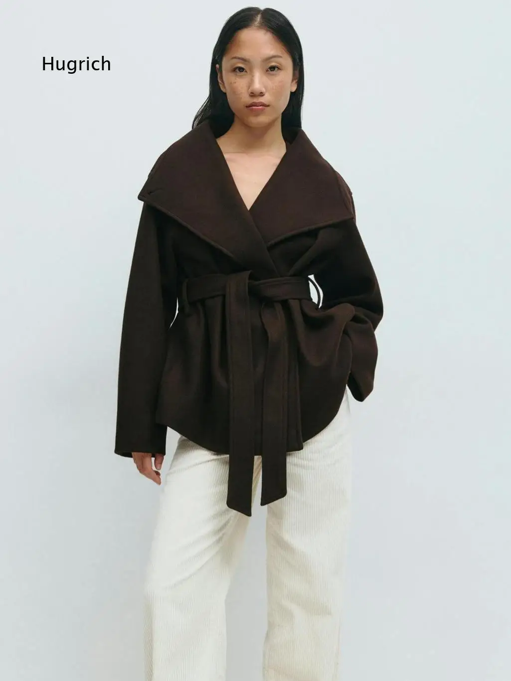 Belted Waist Outer Coat For Women Stand Collar Long Sleeve Relaxed Silhouette For Simple Styling And Outdoor Daily Wearing