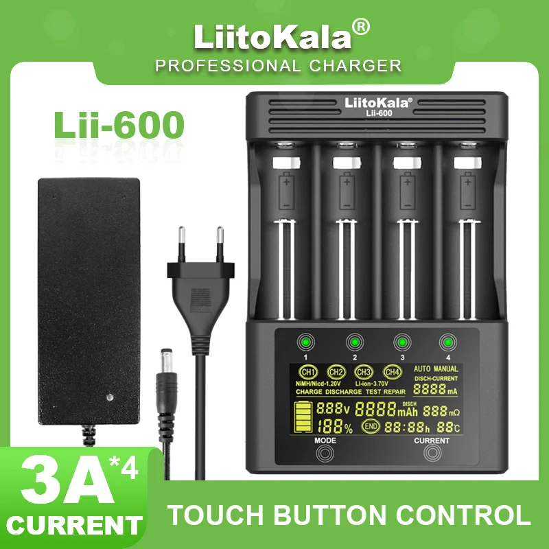 LiitoKala Lii-600 LCD Battery Charger For Li-ion 3.7V and NiMH 1.2V Battery Suitable for 18650 26650 21700 26700 18350 AA AAA