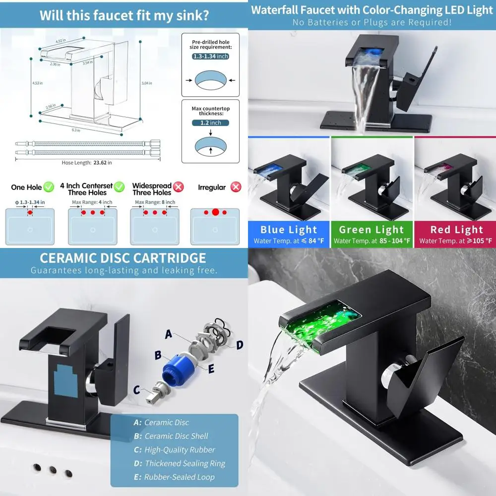 

LED Illuminated Single Hole Waterfall Bathroom Sink Faucet