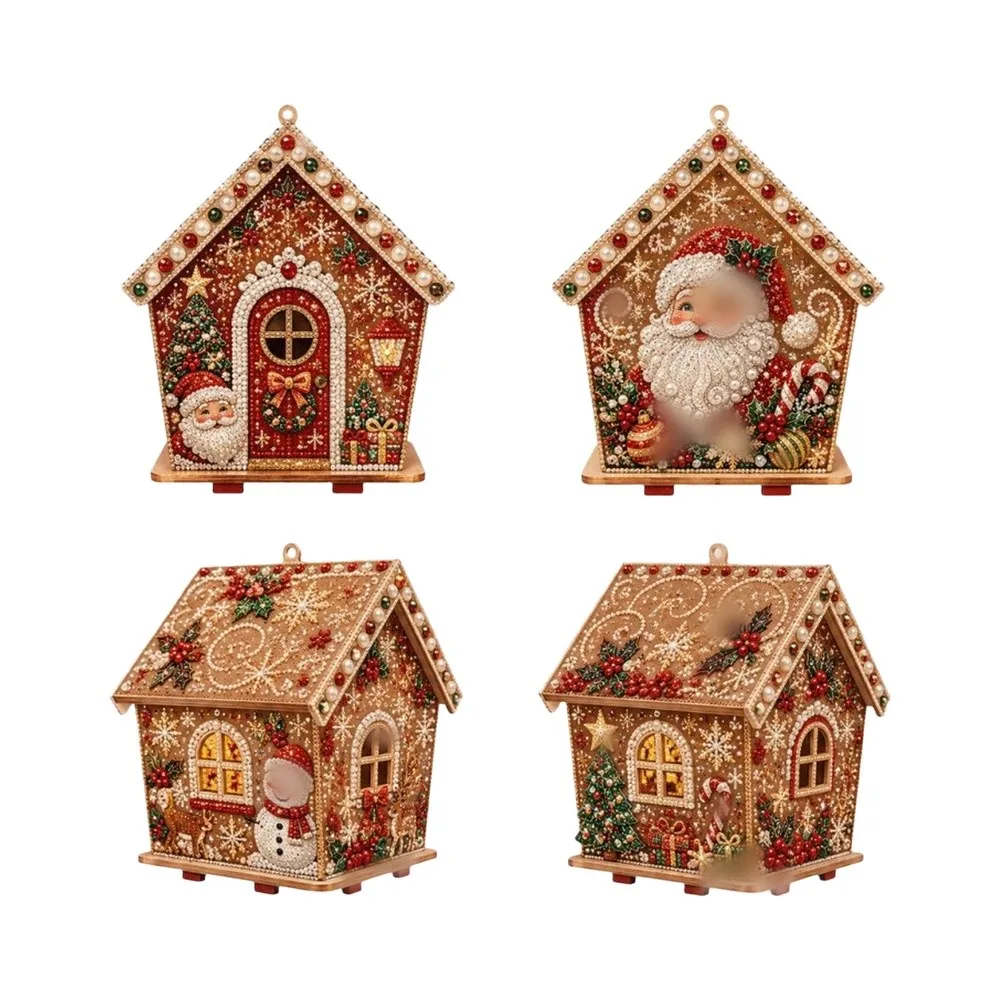 3D Christmas Ornament Craft Kit with Wooden Structure Rhinestone Highlights and Pearl Beads for Mantel Shelf or Desk Display