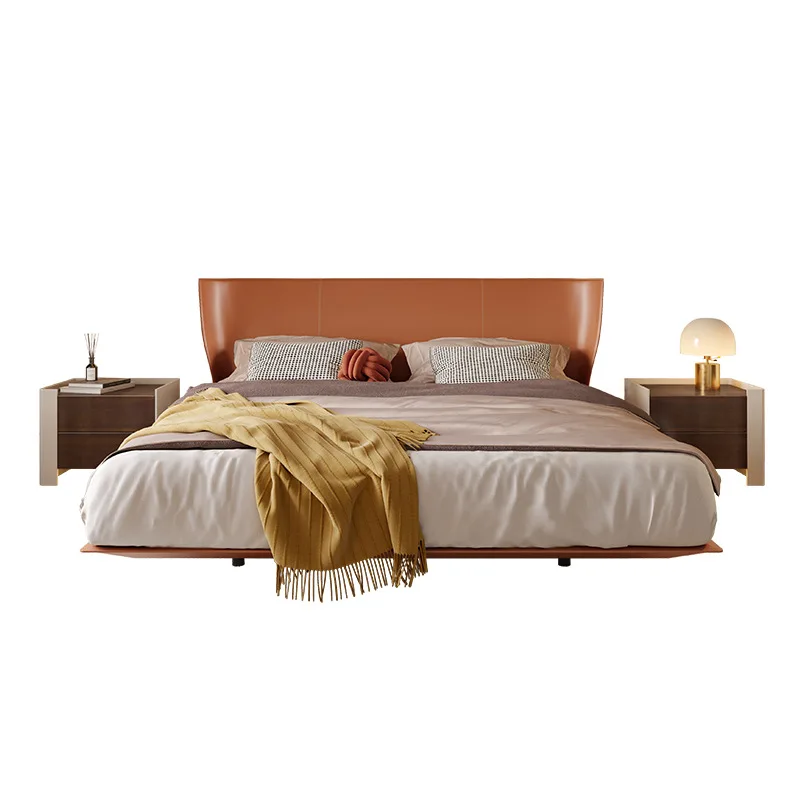 Suspended bed, steel frame, design, minimalist, master bedroom, queen bed, light luxury, saddle leather