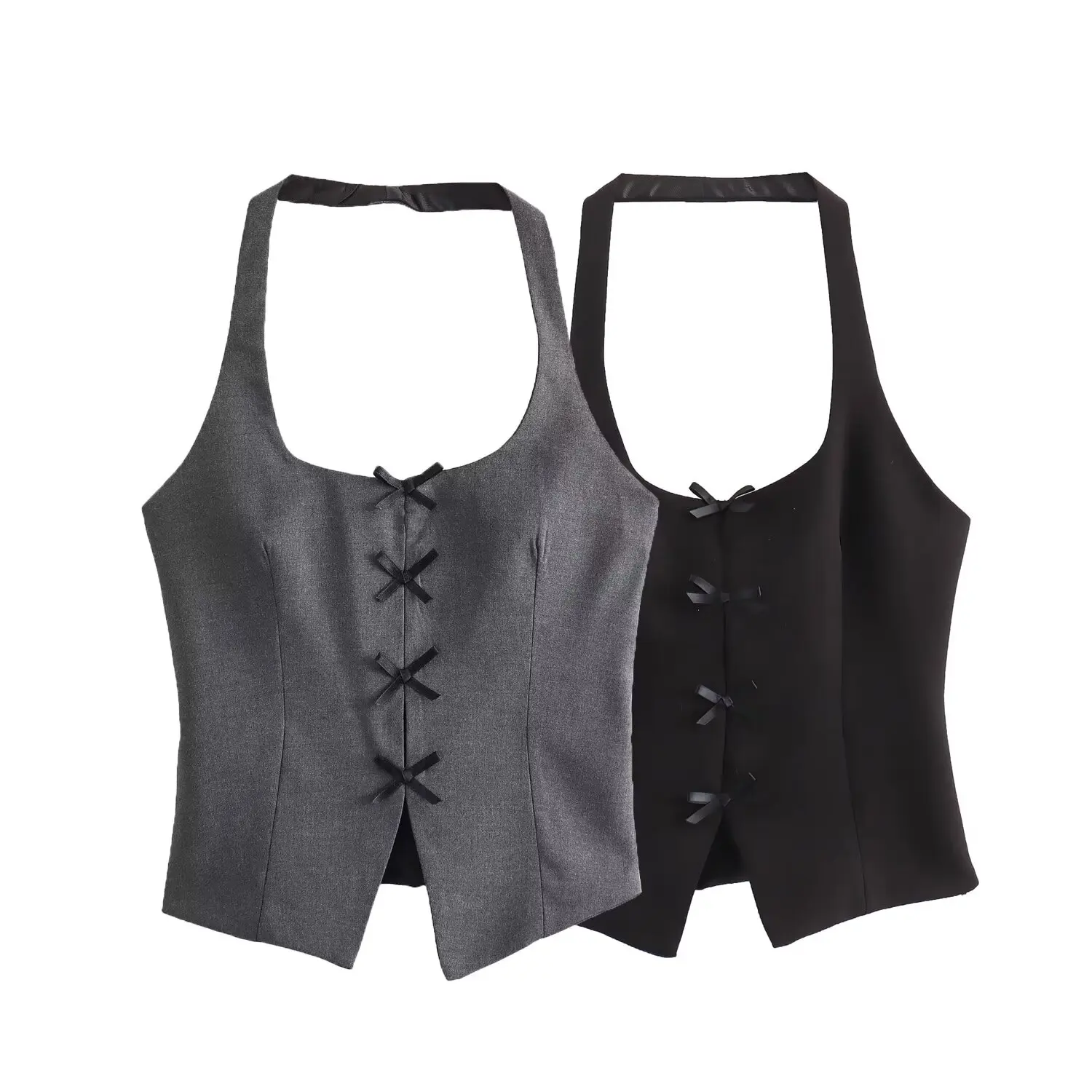 

Women's 2024 New Chic Temperament Joker Fashion Bow Decorated With Side Zipper Neck Vest Retro Suspender Camis Chic Top.