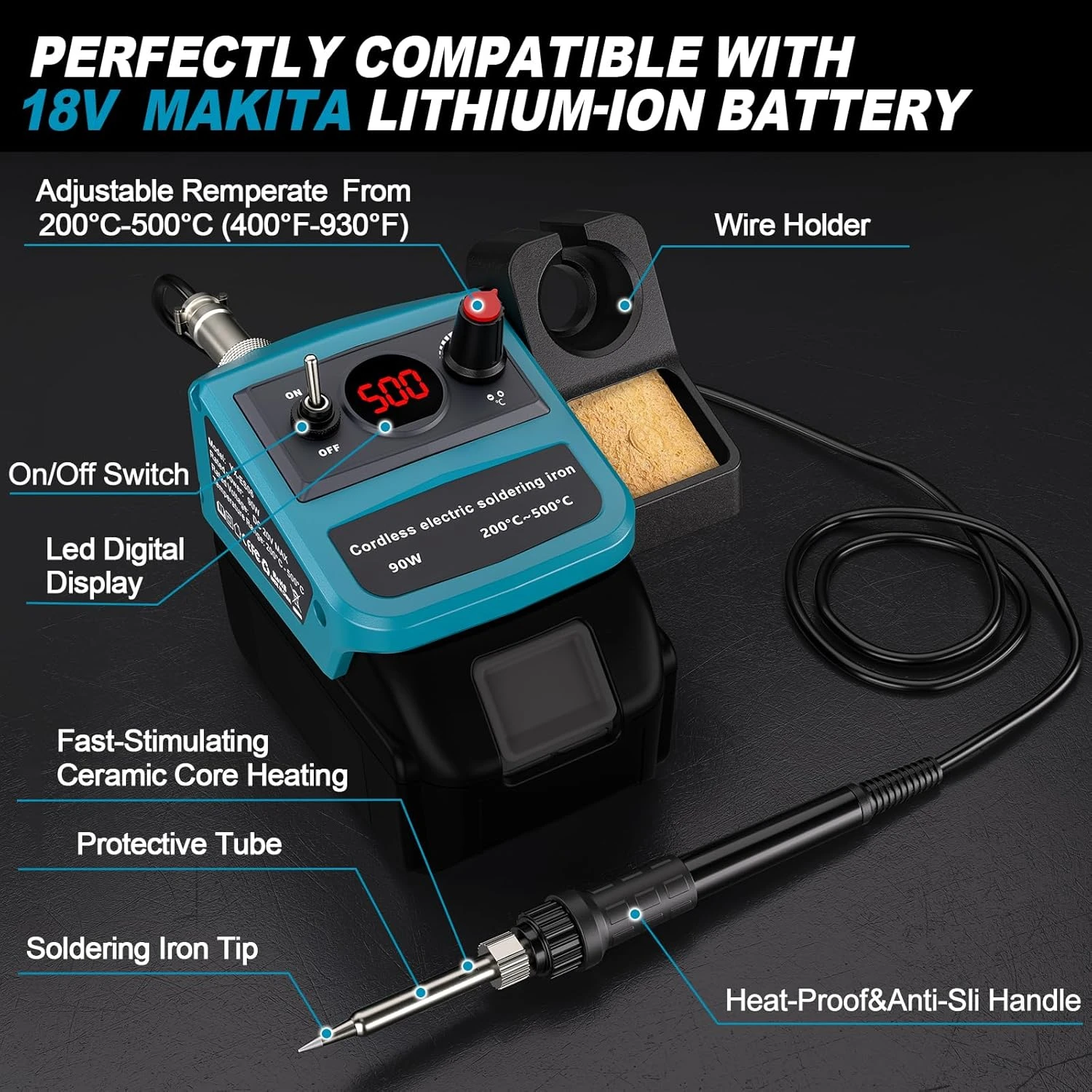 Für Makita 18V Akku-Lötkolben 90W, LCD-Digitalstation mit 5 Spitzen, 200-500 ° C für Elektronikreparatur – Detail 8