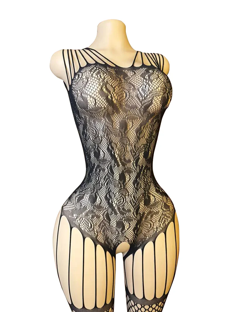 Cat Scratch Sensation Sexy Lingerie Open Cut Passionate Lace Set Black Silk Transparent Seductive Jumpsuit Mesh Stockings view 4