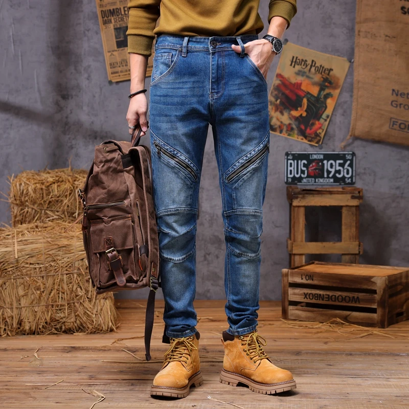 Autumn and winter men's retro trend elastic zipper real pocket motorcycle slim fit small leg jeans men jeans for men