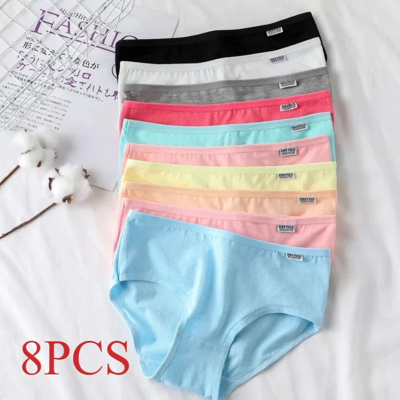 8Pcs Panties for Women Cotton Underwear Plus Size Sexy Briefs Girls Breathable Soft Lingerie Female Cute Solid Color Underpants