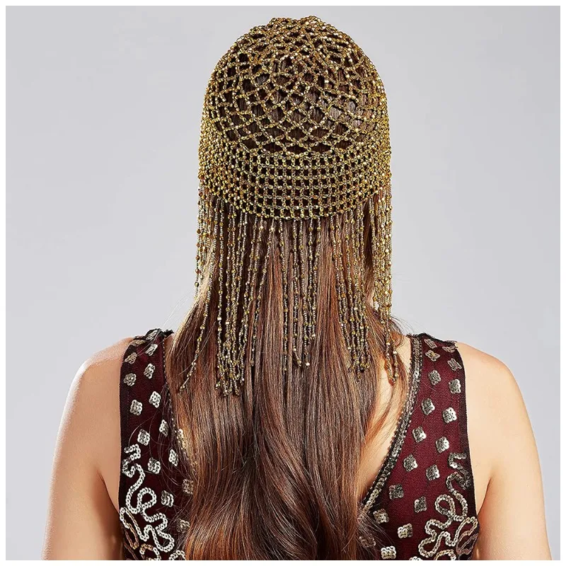 1920s Beaded Cap Headpiece Belly Dance Accessory Exotic Cleopatra Hairpiece for Women Gatsby Themed Party Wedding Headwear