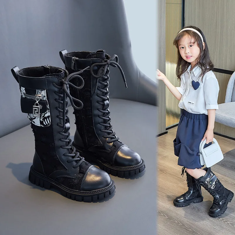 Britain Style Children Versatile Fashion Non-slip Pocket High Boots Kids 2022 Winter Boots for Toddler Girls Princess Catwalk PU