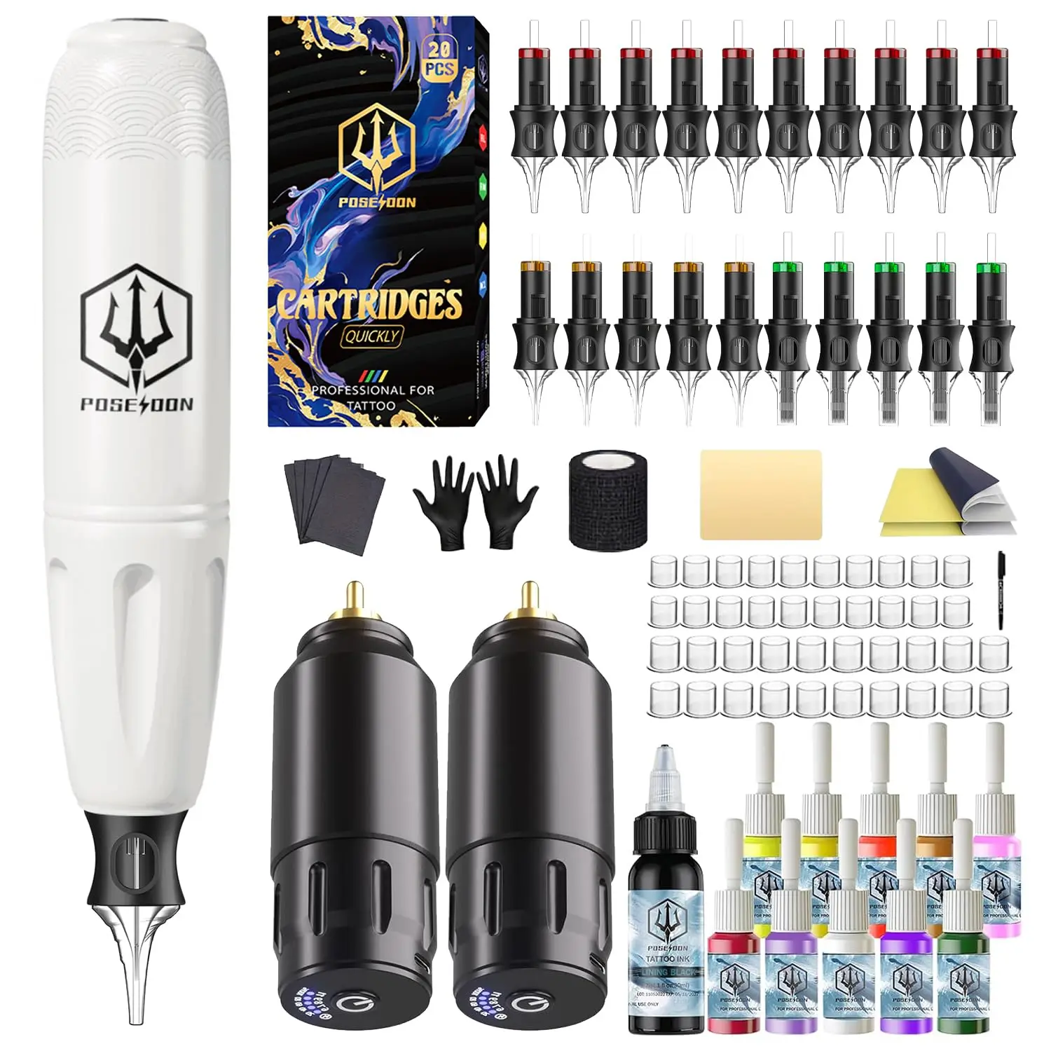 

Wireless Rotary Tattoo Machine Kit with 20 Cartridge Needles, Ink Set & 2 Rechargeable Batteries for Beginners