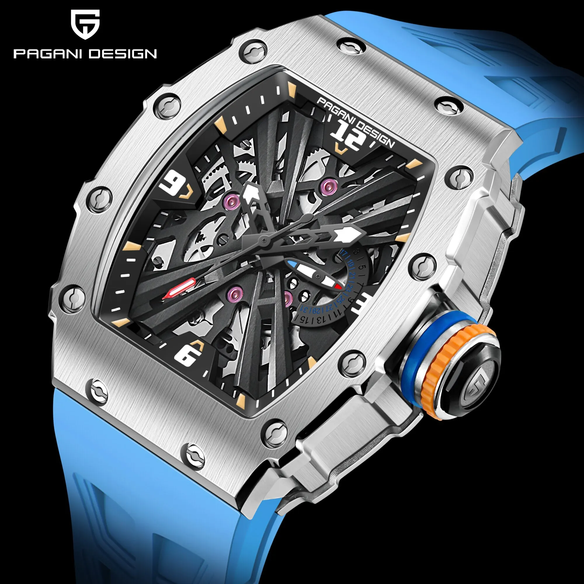 2024 New PAGANI DESIGN Men's Quartz Watches VH65 Movt Skeleton Dial 100M Waterproof Sport Rectangle Sapphire Glass Watch for Men