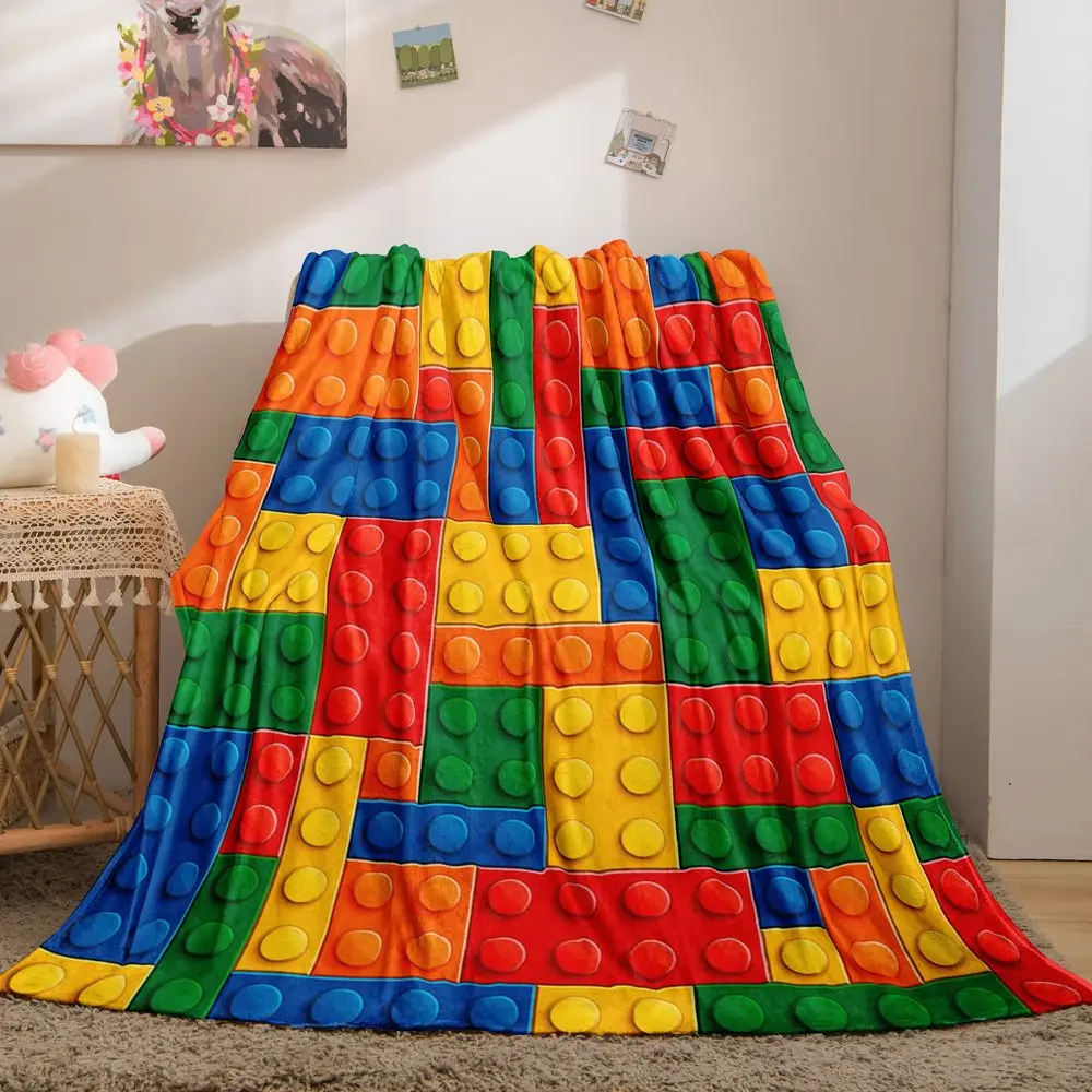 Toy Building Block Throw Blanket Vibrant Brick Tile Patchwork Print Soft Flannel for Kids Room Sofa Lap Playful Home Decor Gift