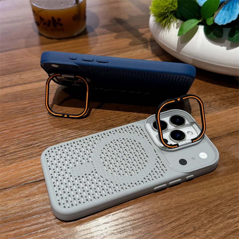 Funda con soporte para lente y disipación de calor, magnética Magsafe para iPhone 17 16 15 14 Plus 13 12 11 Pro Max, esmerilada, con marco 3